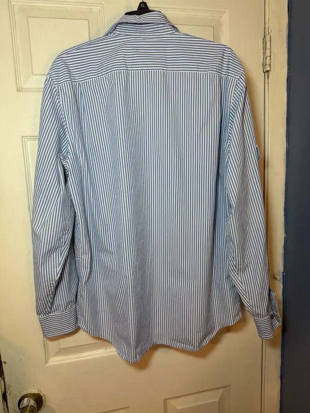 Michael Kors Women's Blue and White Striped Long Sleeve Roll-Tab Button-Down Shi